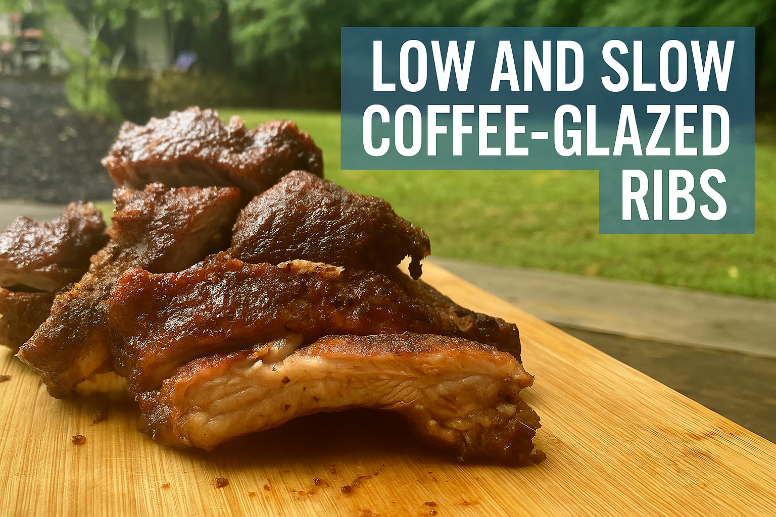 A close-up of juicy, coffee-glazed ribs stacked on a wooden cutting board with a green backyard in the background. Text overlay reads 'Low and Slow Coffee-Glazed Ribs' in bold white letters on a blue background.