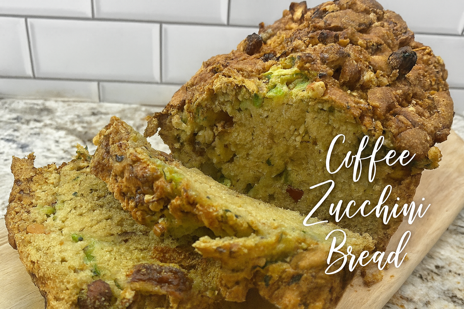 Horizontal feature image of freshly baked coffee zucchini bread on a wooden cutting board, topped with nuts and seeds, with text overlay ‘Coffee Zucchini Bread’ in handwritten script font.