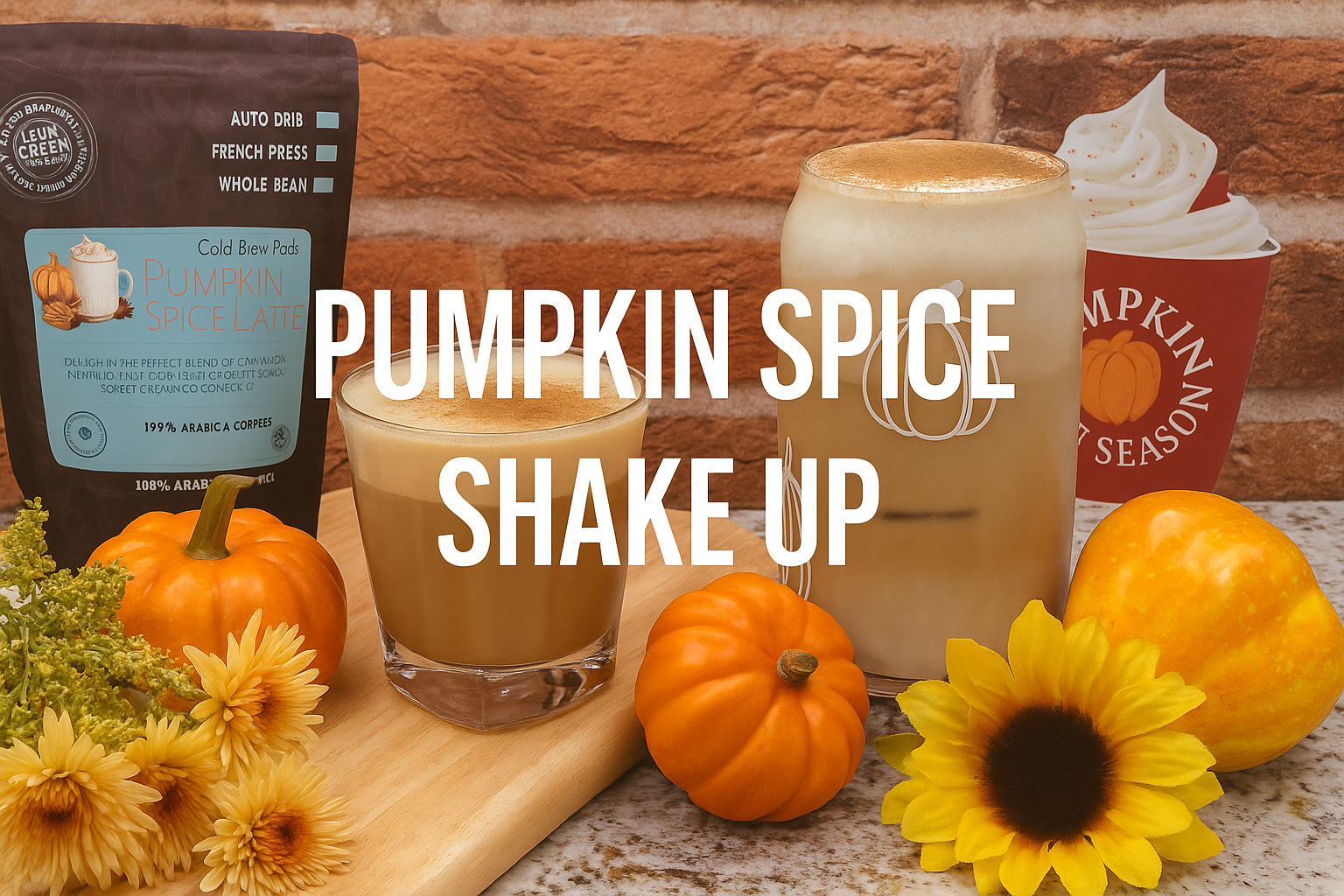 Two Pumpkin Spice Shake Ups styled with Java Momma Pumpkin Spice Latte coffee bag, pumpkins, and fall flowers, with the text “Pumpkin Spice Shake Up” overlaid.