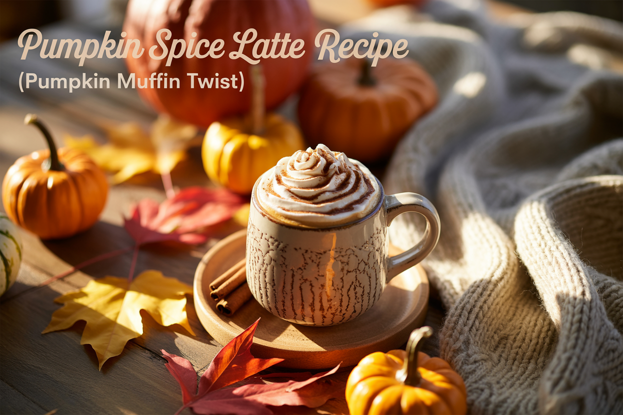 Pumpkin Spice Latte in a rustic mug topped with whipped cream and cinnamon, surrounded by small pumpkins, colorful fall leaves, and a cozy knit blanket, with overlay text reading Pumpkin Spice Latte Recipe (Pumpkin Muffin Twist).