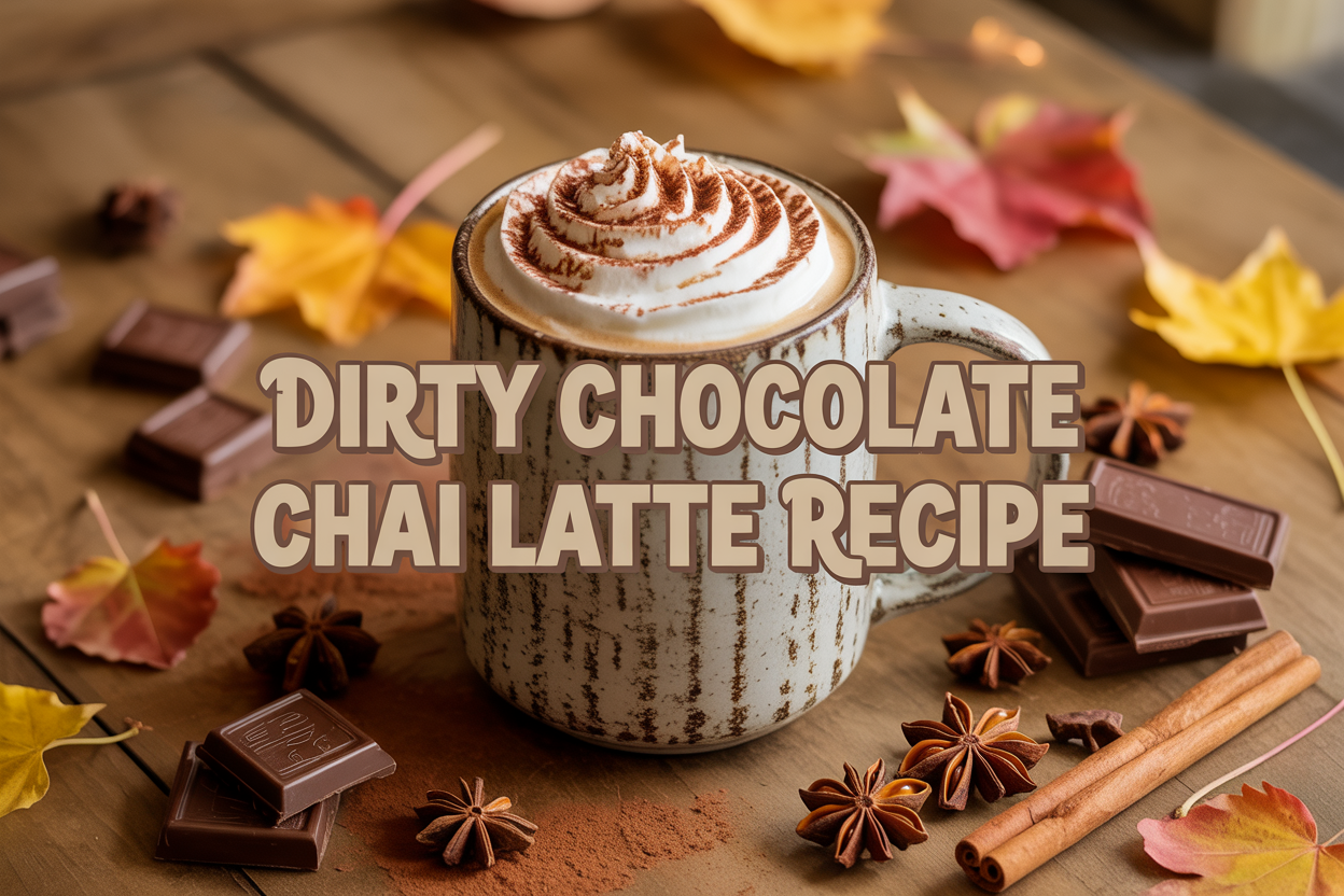 Dirty Chocolate Chai Latte in a rustic mug topped with whipped cream, cocoa, and chai spice, styled with chocolate chunks, cinnamon sticks, star anise, and autumn leaves on a wooden table. Overlay text reads Dirty Chocolate Chai Latte Recipe.