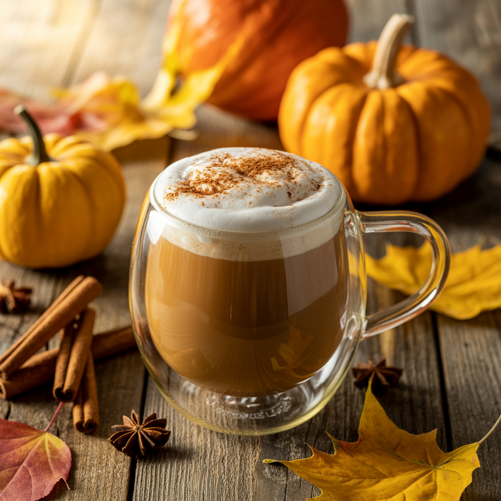 A clear glass mug of Pumpkin Crème Chai Latte made with black tea, topped with frothy milk and a sprinkle of pumpkin spice sugar. Surrounded by pumpkins, cinnamon sticks, star anise, and colorful autumn leaves on a rustic wooden table.