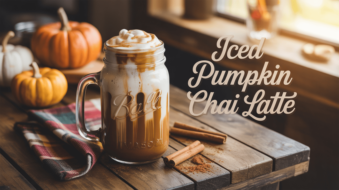 Glass mason jar of iced pumpkin chai latte topped with pumpkin mallow cold foam, styled with pumpkins and fall décor.