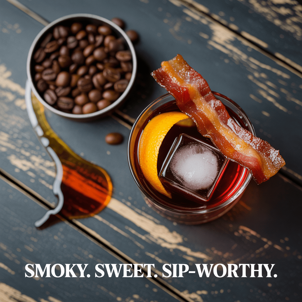 Square photo of a Maple Bacon Old Fashioned Mocktail with a large ice cube, orange peel, and bacon garnish, surrounded by maple syrup and coffee beans.