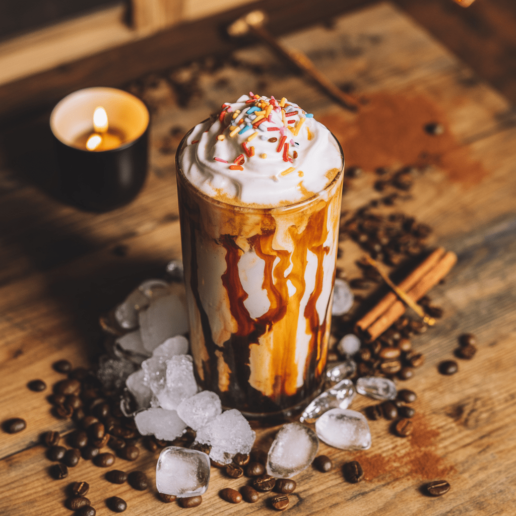 Overhead photo of a tall iced coffee drink with whipped cream and orange swirl, surrounded by coffee beans and Halloween decorations.