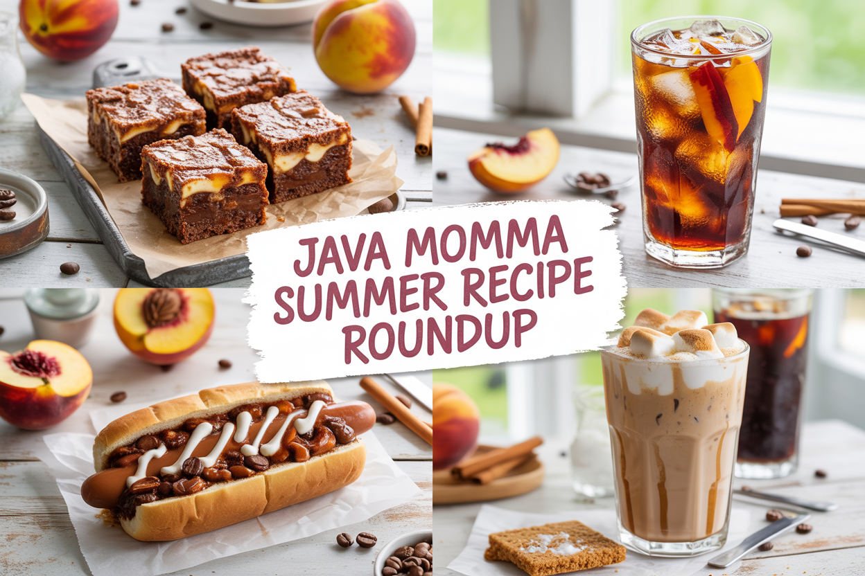 Collage of four Java Momma summer recipes: blondies, coffee chili dogs, peach tonic, and a s’mores frappuccino, styled in bright seasonal settings.