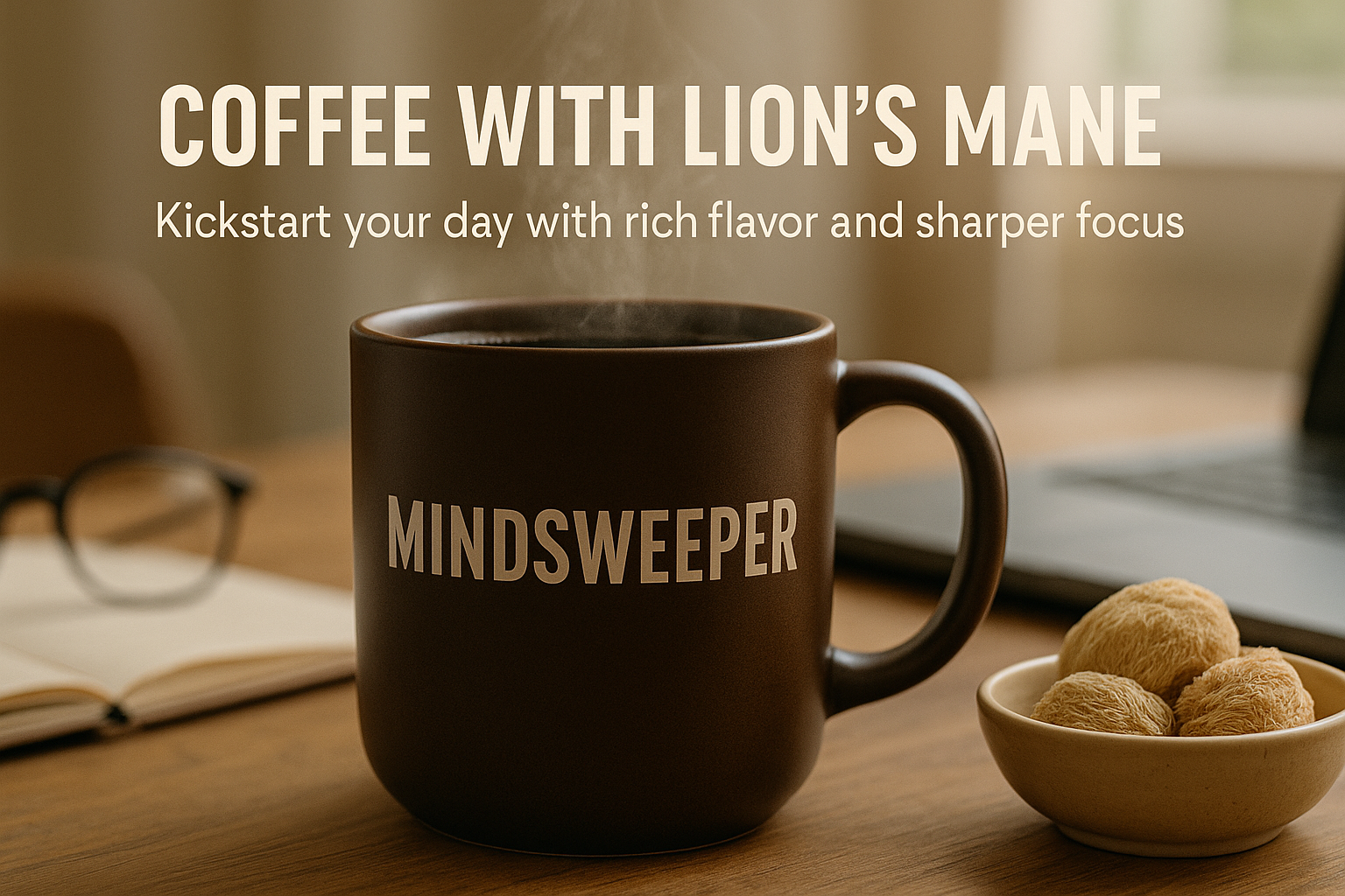 A cozy workspace scene featuring a dark brown mug with “MINDSWEEPER” on it and brain-shaped steam rising from the coffee. Overlay text reads “Coffee with Lion’s Mane – Kickstart your day with rich flavor and sharper focus.”