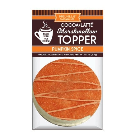 The Pumpkin Spice Marshmallow Topper – Cozy Fall Flavor in Every Fluffy Bite is a round, orange, sugar-sparkled treat that’s perfect for topping your autumn lattes, packaged in a Melville wrapper labeled “Cocoa/Latté Marshmallow Topper Pumpkin Spice.”.