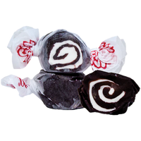 Thumbnail for Three pieces of Black Licorice Salt Water Taffy – Freeze-Dried Classic with a Bold, Crunchy Twist, each wrapped in white wax paper with red print. One taffy is unwrapped, revealing its distinctive swirl pattern inside.