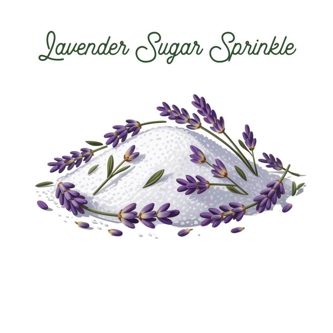 A heap of white sugar adorned with fresh lavender flowers and green leaves exudes a chic cafe vibe, crowned with the product name Lavender Sugar Sprinkle in elegant script above.
