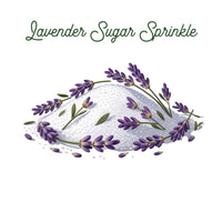 Thumbnail for A heap of white sugar adorned with fresh lavender flowers and green leaves exudes a chic cafe vibe, crowned with the product name Lavender Sugar Sprinkle in elegant script above.