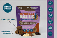 Thumbnail for A colorful pack of The Loca Mocha – Mocha Hazelnut Espresso Wholly Balls, a plant-based protein snack, is surrounded by ingredients. Callouts highlight Woman Owned!, Crazy Clean!, Ridiculously Delicious!, with gluten-free and health icons.