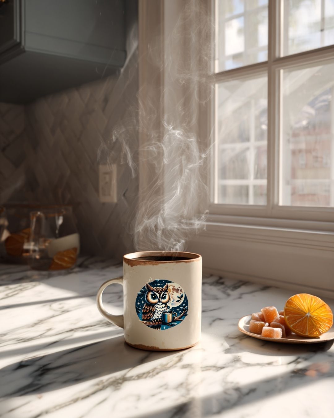 Steaming mug on a marble countertop with a window in the background Night Owl Half Caff coffee in mug