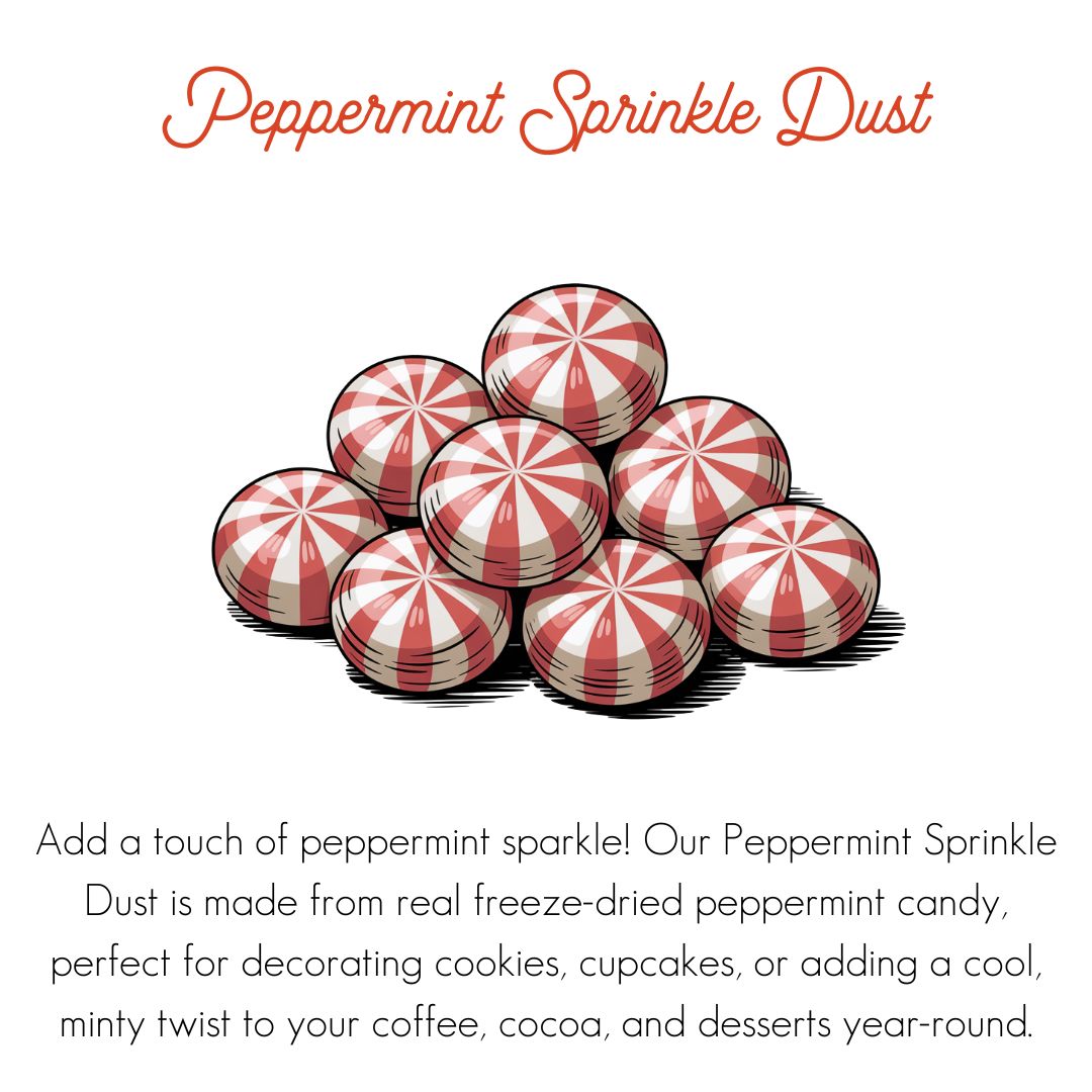 An illustrated pile of red-and-white striped peppermint candies with the words “Peppermint Sprinkle Dust” in red script above. Below the image is a description of the product’s use and ingredients.