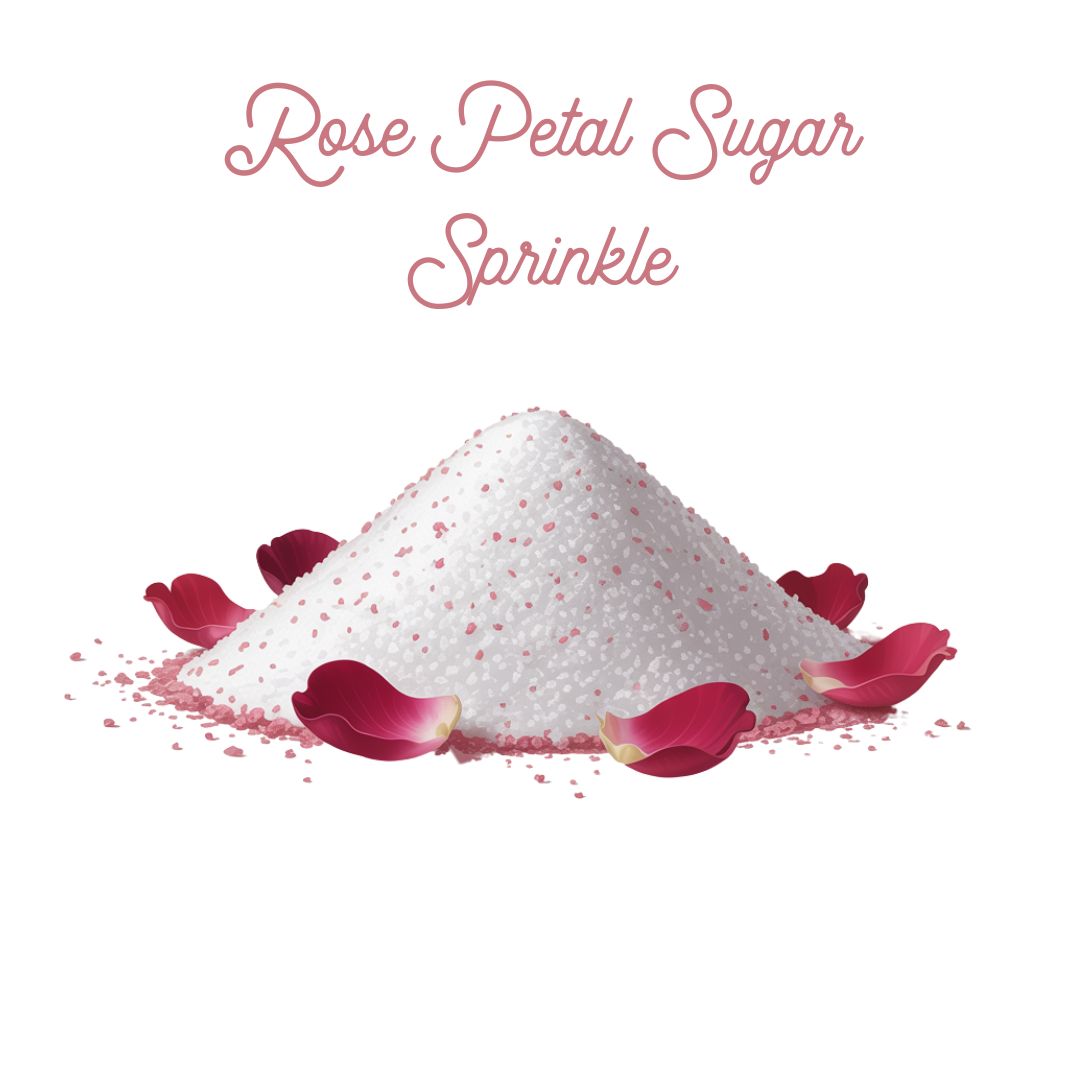 A mound of floral sugar with pink specks is surrounded by scattered rose petals. Above it, 🌹 Rose Petal Sugar Sprinkle is elegantly written in cursive font.