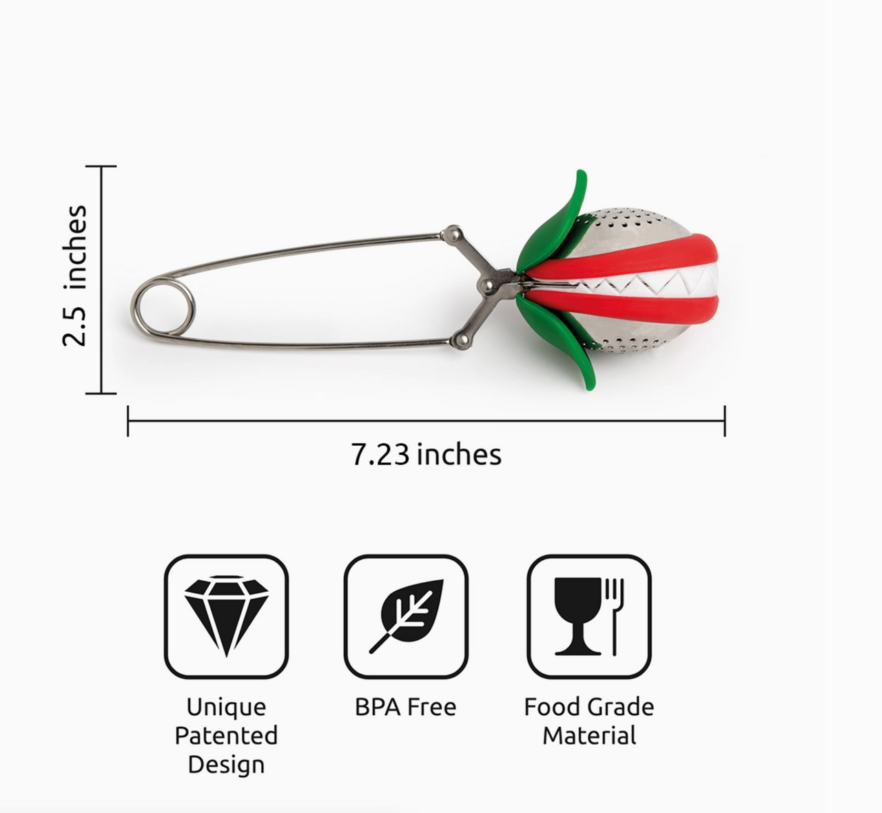 🪴 Steep Fiend is a metal tea infuser shaped like a strawberry with red, green, and white accents. It measures 7.23 long by 2.5 tall, is BPA-free, food-grade, patented by OTOTO Studio—perfect for brewing loose leaf tea!.
