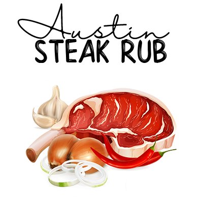 Illustration of a raw steak with garlic, onions, and red chili peppers, featuring Austin Steak Rub š„© in a decorative fontāideal for showcasing your favorite BBQ rub or steak seasoning.