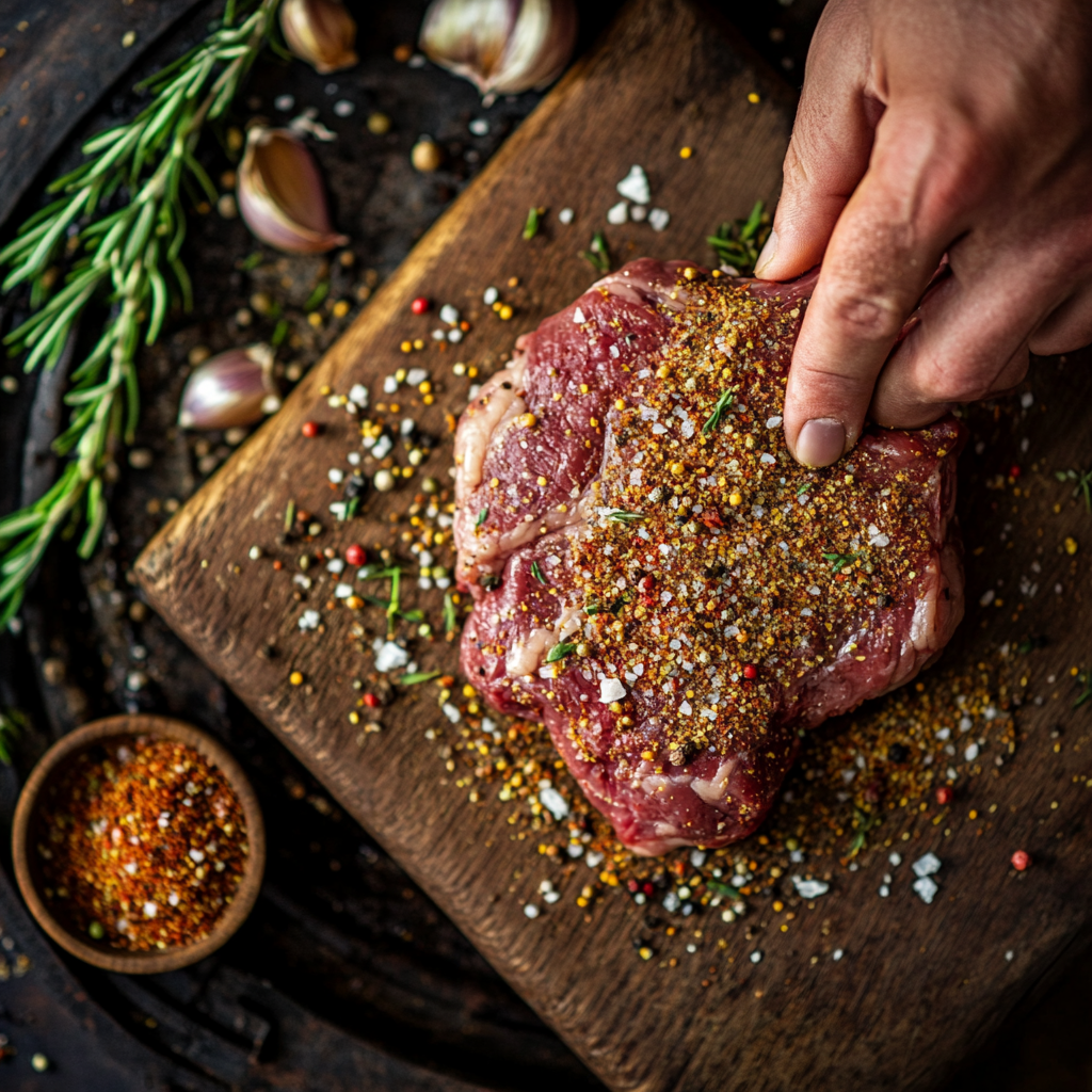 A hand seasons raw meat on a wooden cutting board using Austin Steak Rub š„©, surrounded by garlic cloves, rosemary, and a bowl of steak seasoning for a flavorful blend of spices and herbs.