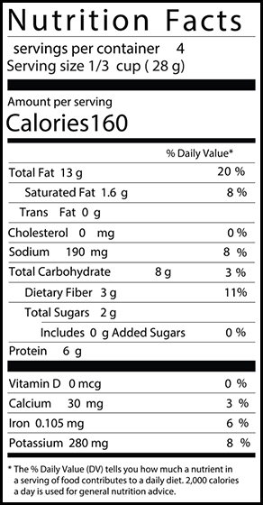 Nutrition Facts label: 4 servings per container, serving size 1/3 cup (28g), 160 calories/serving, detailed fat, cholesterol, sodium, carbs, fiber, sugars, protein & vitaminsāperfect for Chili Lime Saffron Pistachiosš¶ļø!.