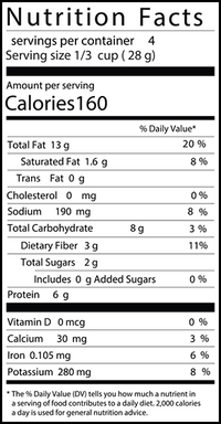 Thumbnail for Nutrition Facts label: 4 servings per container, serving size 1/3 cup (28g), 160 calories/serving, detailed fat, cholesterol, sodium, carbs, fiber, sugars, protein & vitaminsāperfect for Chili Lime Saffron Pistachiosš¶ļø!.