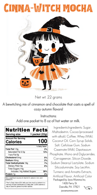 Thumbnail for Illustrated label for the 🎃 Spooky Mocha Set – Limited Edition Halloween Mocha Variety Pack (5 Single-Serve Packets) features a cute witch with a pumpkin hat, product info, nutrition facts, ingredients, and instructions—perfect for spooky coffee moments!.