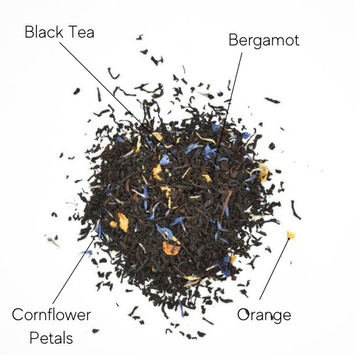 A pile of Earl Grey’s Anatomy Loose Leaf Tea ☕ is labeled with arrows noting its ingredients: black tea, bergamot, orange, and blue cornflower petals. The blend features black leaves mixed with orange pieces and blue petals.
