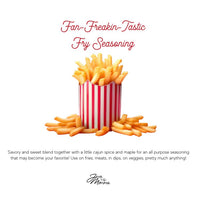 Thumbnail for A red-and-white striped container holds golden fries, surrounded by extra fries. Above, āFan-Freakin-Tastic Fry Seasoning šā appears in red, with a Cajun seasoning description and a signature logo below.