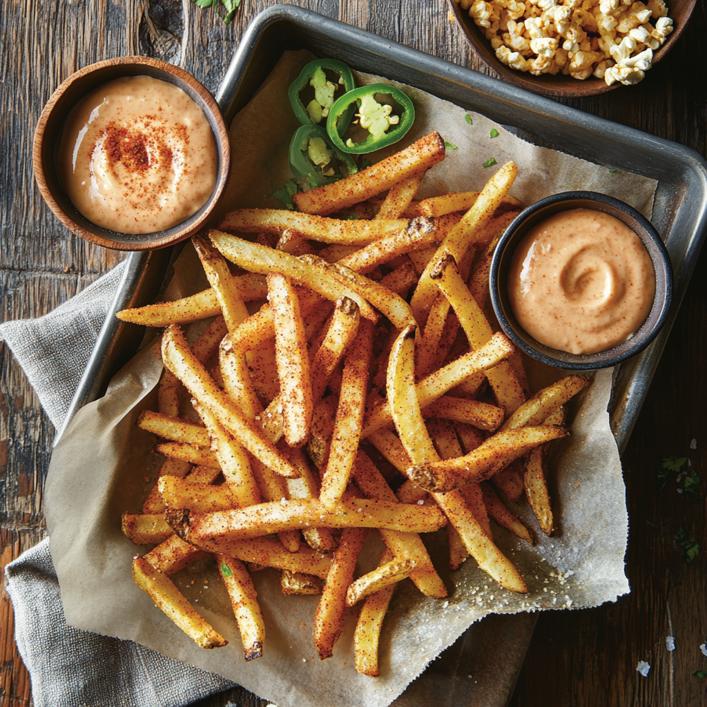 A tray of French fries on parchment paper is garnished with sliced jalapeƱos and a sprinkle of Fan-Freakin-Tastic Fry Seasoning š, served with two bowls of creamy dipping sauce and a small bowl of popcorn on a rustic wooden table.