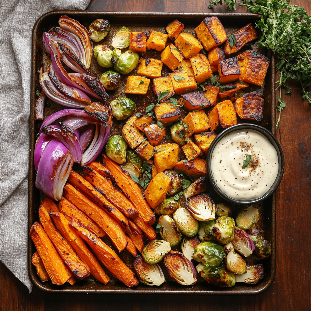 A sheet pan with roasted sweet potatoes, red onions, Brussels sprouts, and butternut squash tossed in Fan-Freakin-Tastic Fry Seasoning š surrounds a creamy dipping sauce. Fresh herbs are scattered nearby on a wooden table.