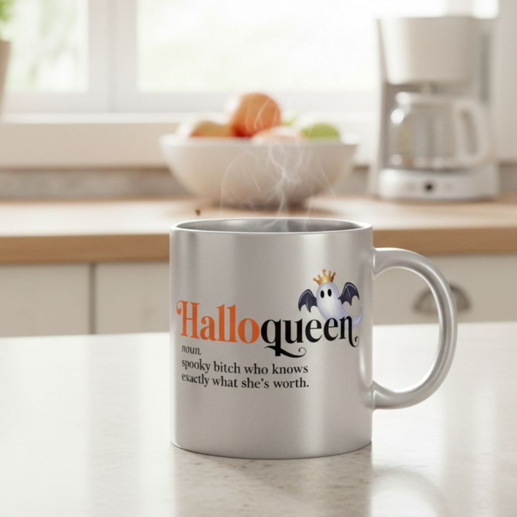 A 👑 HalloQueen Silver Mug – Halloween Mug for the Spooky Baddie sits on the kitchen counter, steaming. It features a crowned cartoon ghost and reads: Halloqueen noun. spooky bitch who knows exactly what she's worth.
