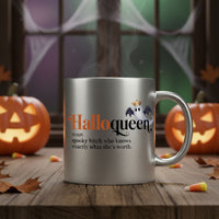 Thumbnail for The 👑 HalloQueen Silver Mug – Halloween Mug for the Spooky Baddie sits on a wooden table with