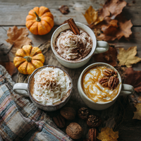 Thumbnail for Three mugs of the Fall Into Fall Coffee Sampler đâthree cozy seasonal flavorsâare topped with whipped cream, caramel, pecans, and cinnamon on a rustic table with mini pumpkins, nuts, dried leaves, and a plaid blanket.