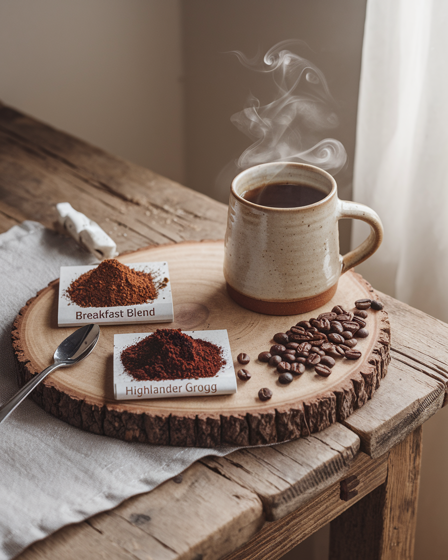 A steaming mug sits on a wooden tray with two piles of ground coffee—Breakfast Blend and Highlander Grogg—sampling the 2 Coffee Samples for $5 set (shipping included), on a rustic table by a window.