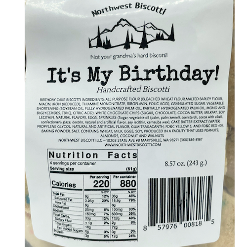 A label on a bag of food featuring It’s My Birthday Biscotti Bites – Funfetti Meets Dunkable Bliss: soft-bite biscotti with festive sprinkles in every bite.
