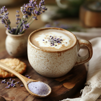 Thumbnail for A cozy ceramic mug filled with a lavender latte topped with foamed milk and sprinkled dried lavender. A wooden spoon filled with lavender sugar rests on a rustic wooden board next to a shortbread cookie and a small vase of fresh lavender sprigs. The scene is warmly lit with neutral tones, creating a calm and inviting coffeehouse atmosphere.