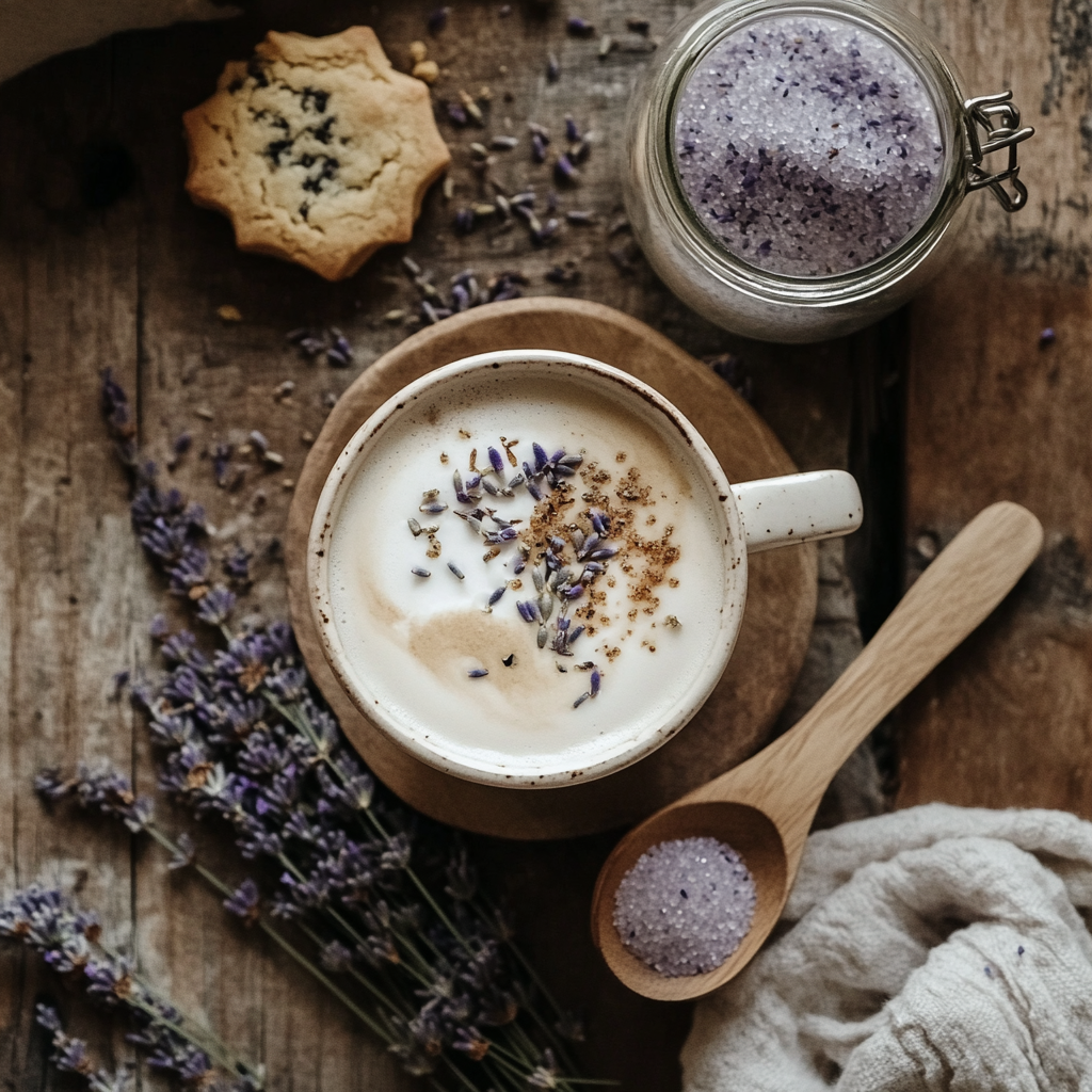 Top-down view of a cozy latte in a speckled ceramic mug, topped with frothed milk, dried lavender buds, and a sprinkle of lavender sugar. Beside the cup sits a small wooden spoon filled with lavender sugar, a jar of the sugar blend, a linen napkin, and a bunch of fresh lavender sprigs. A lavender shortbread cookie is placed nearby on the rustic wooden table, creating a warm, artisanal coffeehouse atmosphere.
