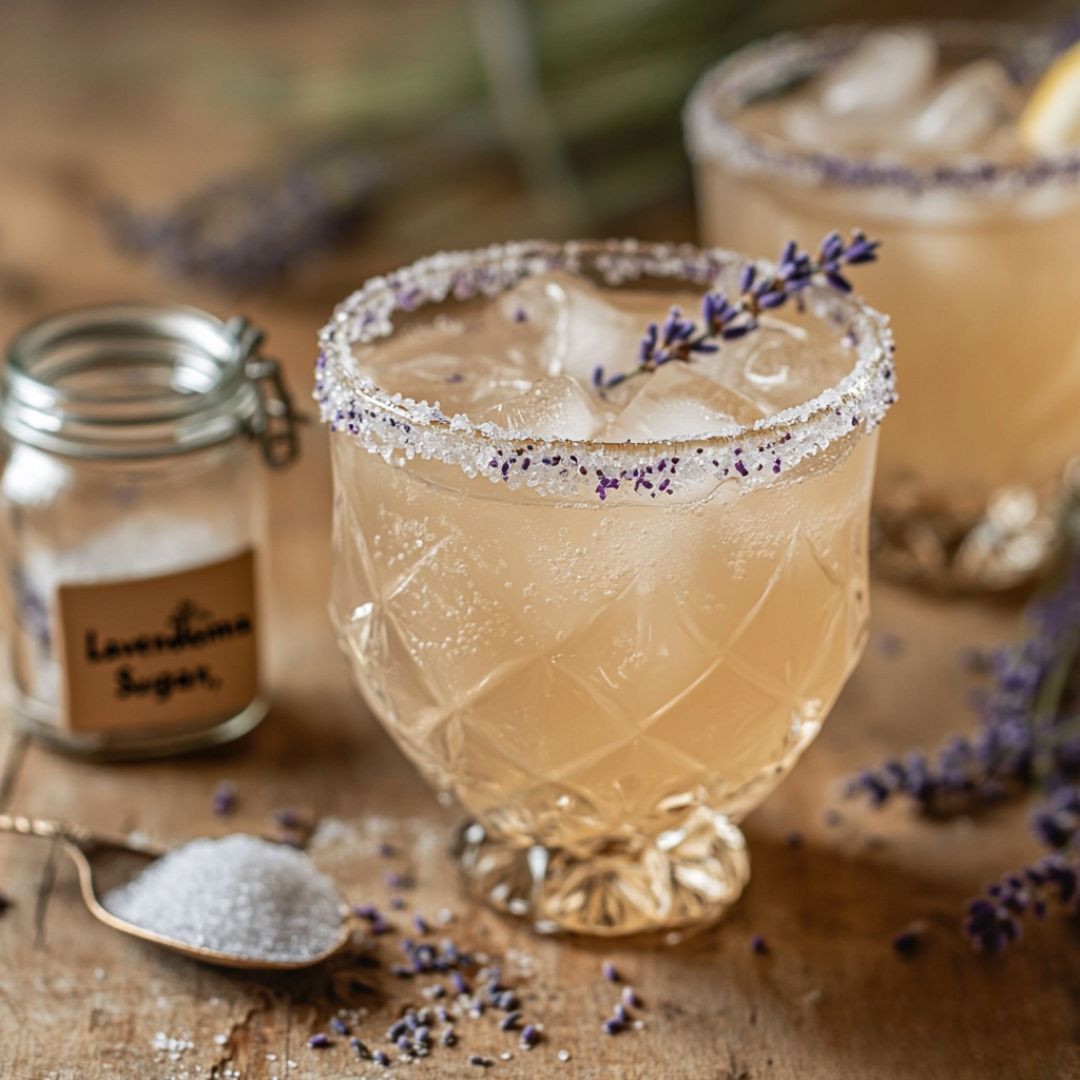 A close-up of a sparkling cocktail in a faceted glass, rimmed with lavender sugar and garnished with a lavender sprig. A small jar labeled “Lavender Sugar” and a spoonful of coarse cane sugar mixed with lavender buds are displayed nearby on a rustic wooden table, with loose lavender scattered around. The scene is softly lit, evoking a cozy, artisanal brunch vibe.