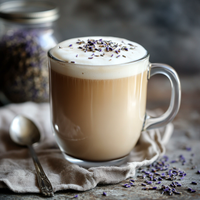 Thumbnail for A clear glass mug of London Haze – A Soft Storm in a Teacup ☁️🫖💜, topped with frothy milk and dried lavender buds, sits on a beige cloth beside a silver spoon and a jar of dried lavender.