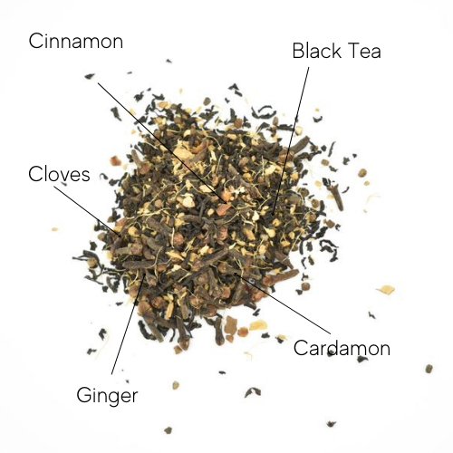 Masala Chai Loose Leaf Tea š„ features Ceylon black tea, cinnamon, cloves, cardamom, and ginger. Shown loose on a white backgroundāideal for brewing a flavorful chai latte.
