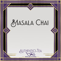 Thumbnail for An Art Deco-inspired label with gold, purple, and black geometric borders frames bold Masala Chai Loose Leaf Tea š„ in the center. Below, āAuthentici-Tea with Java Mommaā appears beside a small teacup logo.