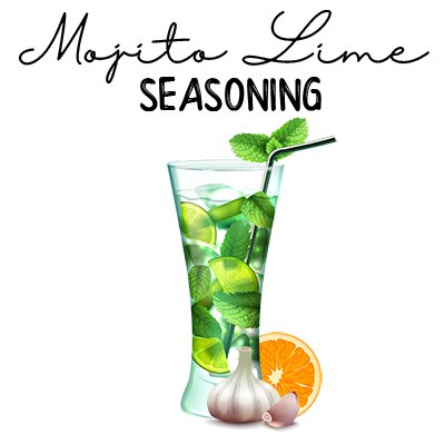 A tall glass of mojito with lime, mint, and a straw sits next to garlic and an orange slice. Above, decorative text reads: Mojito Lime Seasoning 🍋—a zesty citrus seasoning.
