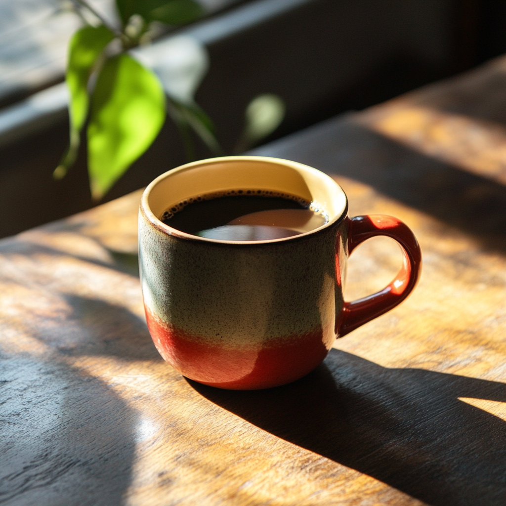 Ceramic mug filled with Momma's Revenge coffee on a sunlit wooden table, showcasing the rich color and warmth of a fresh brew.