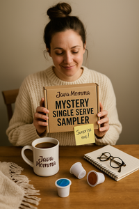 Thumbnail for A woman with a cozy top knot and cream knit sweater sits at a wooden table, smiling softly as she holds a Java Momma Mystery Single Serve Sampler box with a yellow sticky note that reads “Surprise me!” In front of her are a white Java Momma coffee mug, scattered coffee pods, a spiral notebook with glasses on top, and a beige throw blanket, all set in warm, natural light.