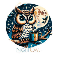 Thumbnail for An illustration of a wide-eyed owl perched on a branch at night, sipping from a steaming mug of Night Owl Half Caff Coffee Blend – Colombian & Java Medium Roast, with the moon and stars shining above. “Night Owl” appears below the image.