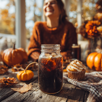 Thumbnail for A mason jar of Oh My Gourd, Becky! Cold Brew – Pumpkin Muffin Vibes with a Cold Brew Kick 🎃❄️ sits on a rustic wooden table among pumpkins, a cupcake, and autumn leaves, with a smiling woman in a cozy sweater blurred in the background.