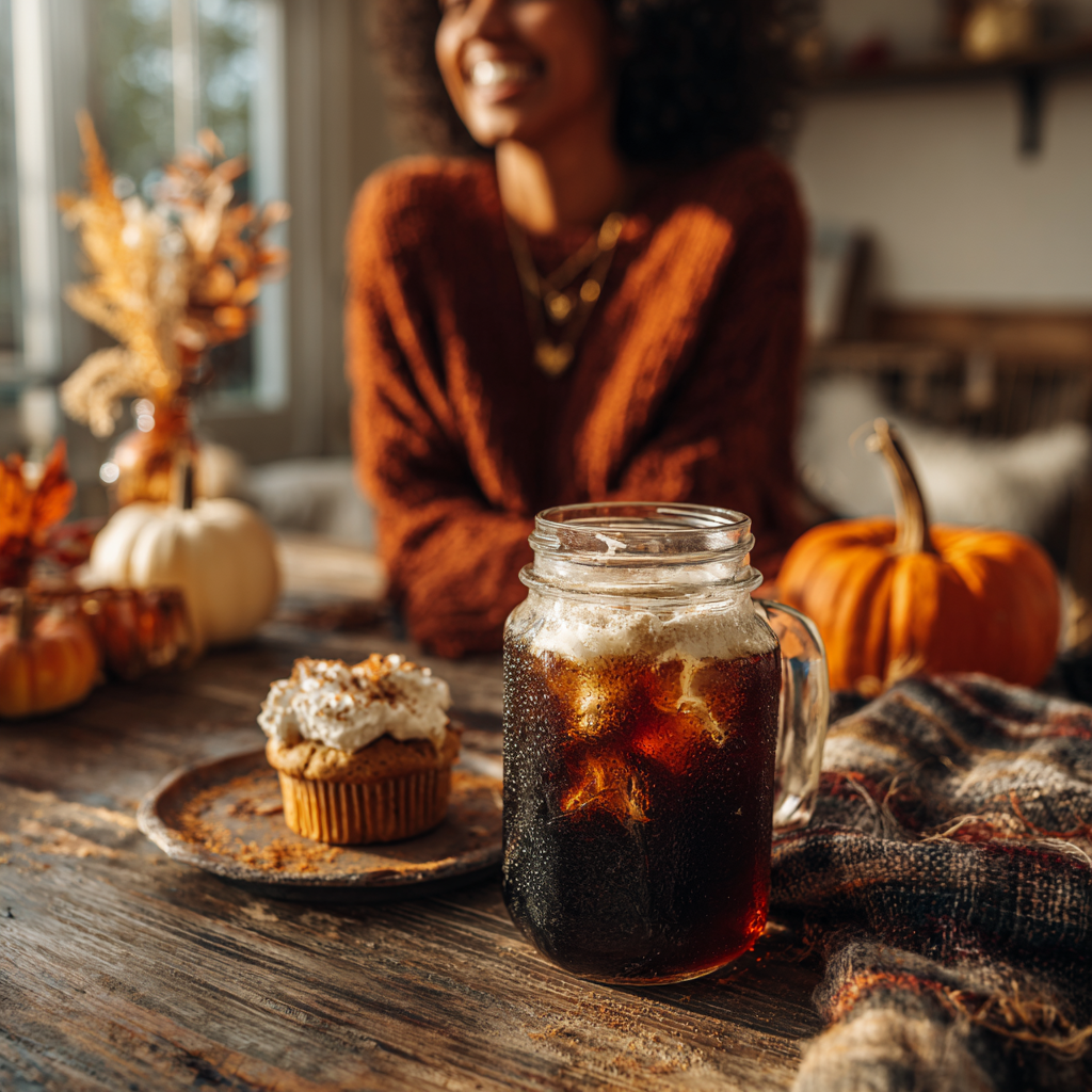 A mason jar of Oh My Gourd, Becky! Cold Brew – Pumpkin Muffin Vibes with a Cold Brew Kick 🎃❄️ and a whipped cream-topped muffin rest on an autumn-themed table, as a woman in a cozy sweater smiles warmly in the background.