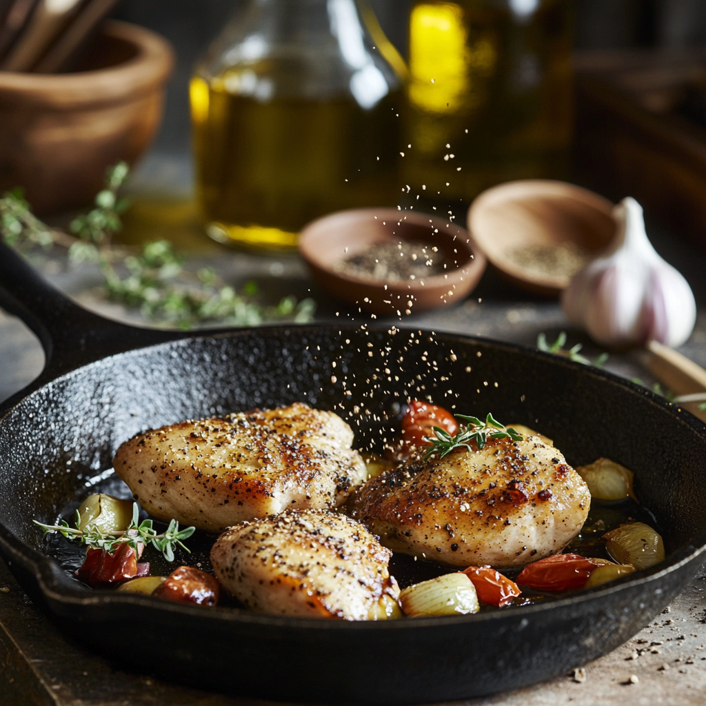 Seasoned chicken breasts in a cast iron skillet, surrounded by roasted onions and cherry tomatoes. A hand sprinkles seasoning from above, with garlic, herbs, and olive oil bottles in the background.