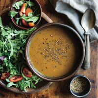 Thumbnail for A rustic bowl of soup topped with cracked black pepper, served on a wooden table alongside a fresh arugula and tomato salad. A small bowl of spice blend sits nearby with a vintage spoon and cloth napkin.