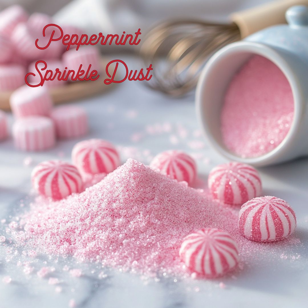 A close-up of a pile of pink peppermint sprinkle dust spilling from a tipped-over white cup, surrounded by striped peppermint candies on a marble surface. The words “Peppermint Sprinkle Dust” appear in red script at the top.