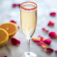 Thumbnail for A champagne flute with a sparkling drink, rimmed with 🌹 Rose Petal Sugar Sprinkle, sits on marble amid scattered rose petals and two orange halves.